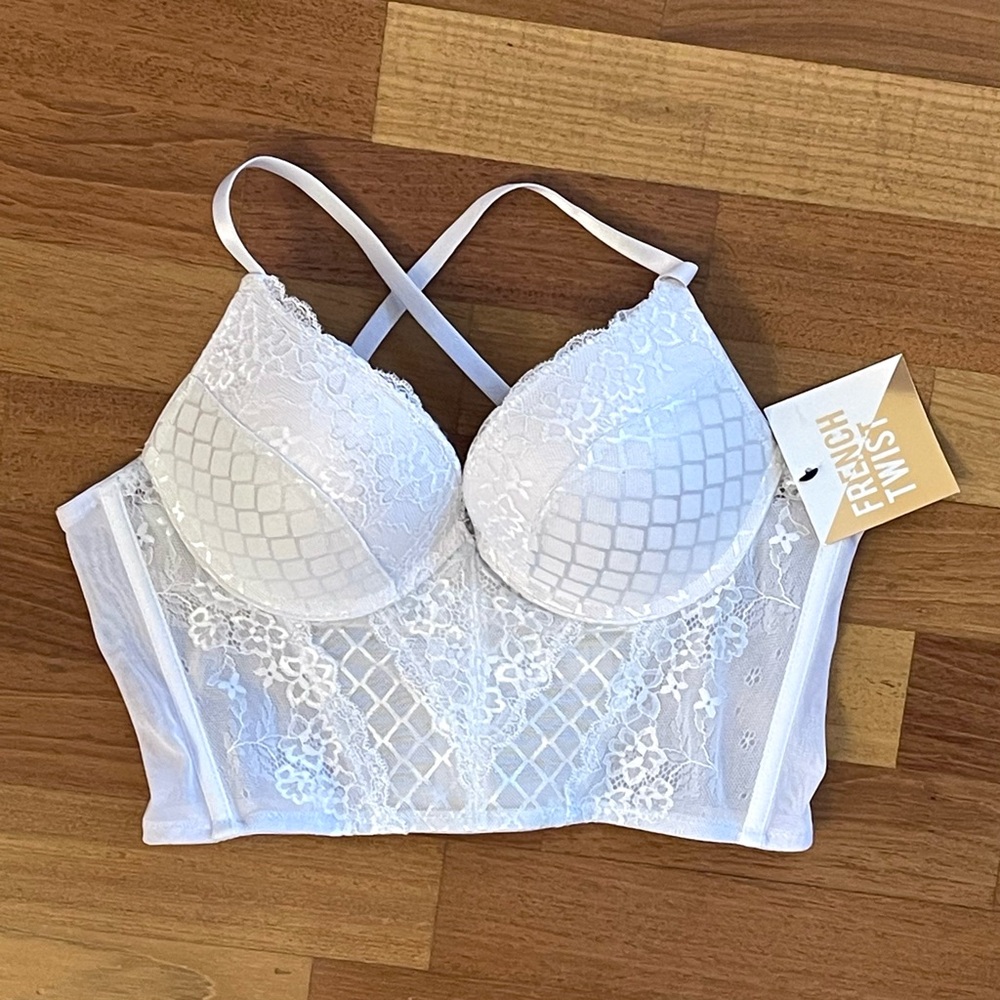 FRENCH TWIST Lace Padded Longline Bra SIZE LARGE White Bralette Corset Top NWT